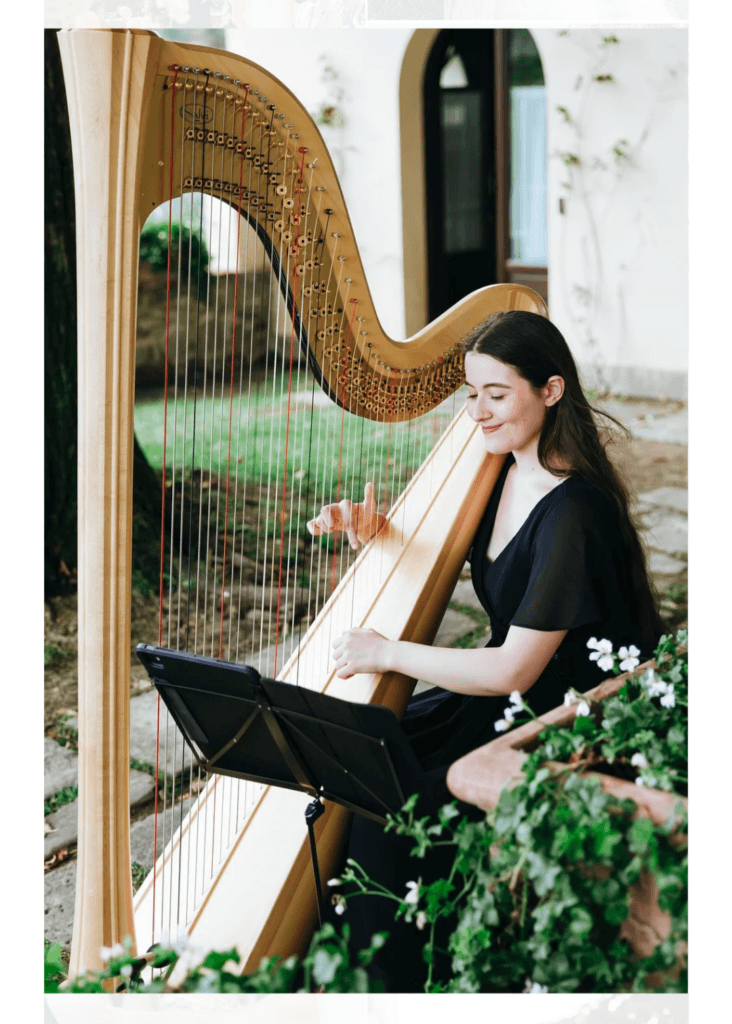 Harpist performing outdoors during an Italian wedding ceremony
